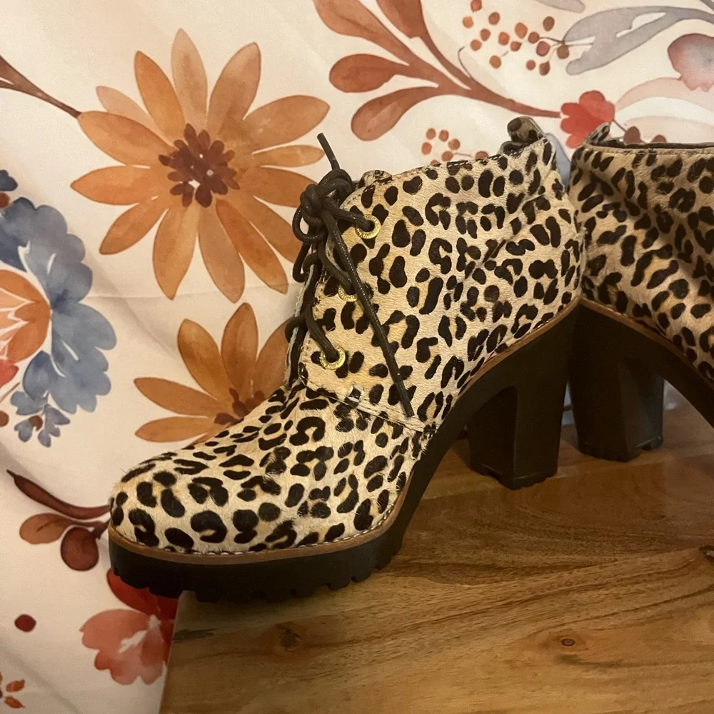 Sperry Princeton Womens 9M Leopard Leather Faux Fur Chunky Heel Fall Booties